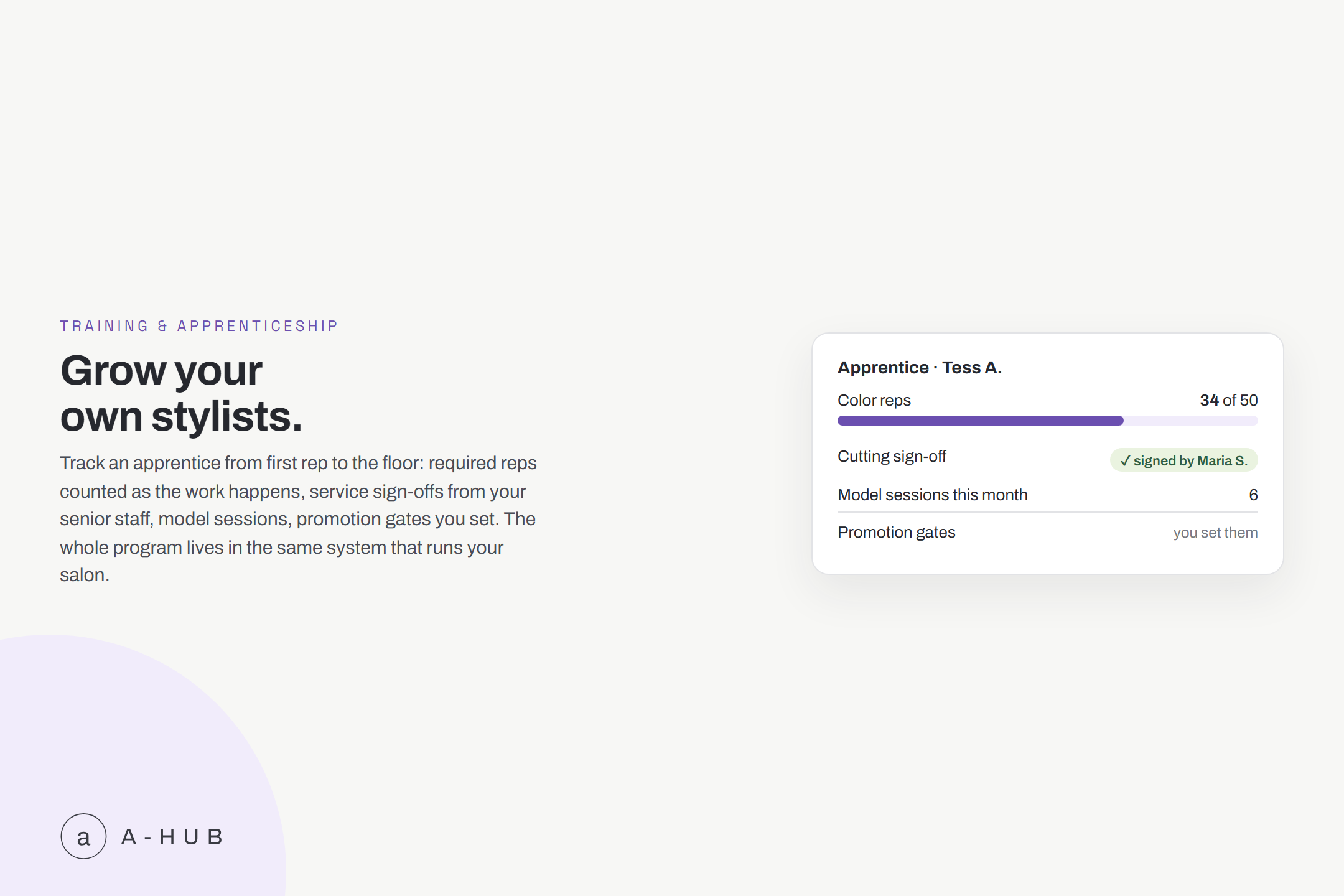 A-Hub apprenticeship tracker showing rep counts, sign-offs, and a multi-signer promotion gate