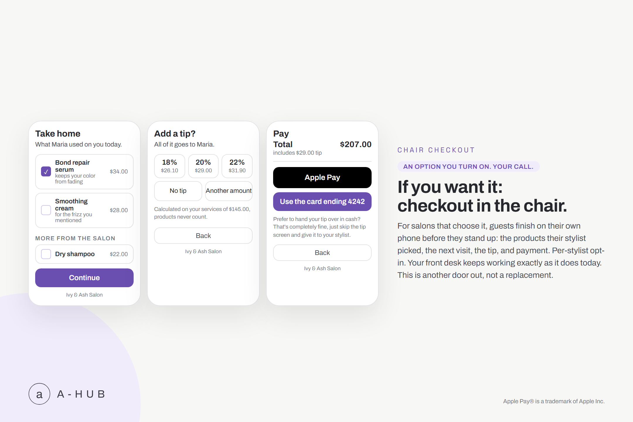 A guest checking out, tipping, and rebooking from their own phone at the end of an appointment