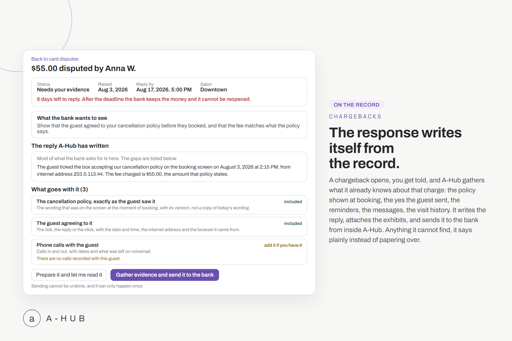 A-Hub chargeback dispute screen showing the reply-by date, gathered evidence, and a written response ready to submit to the processor