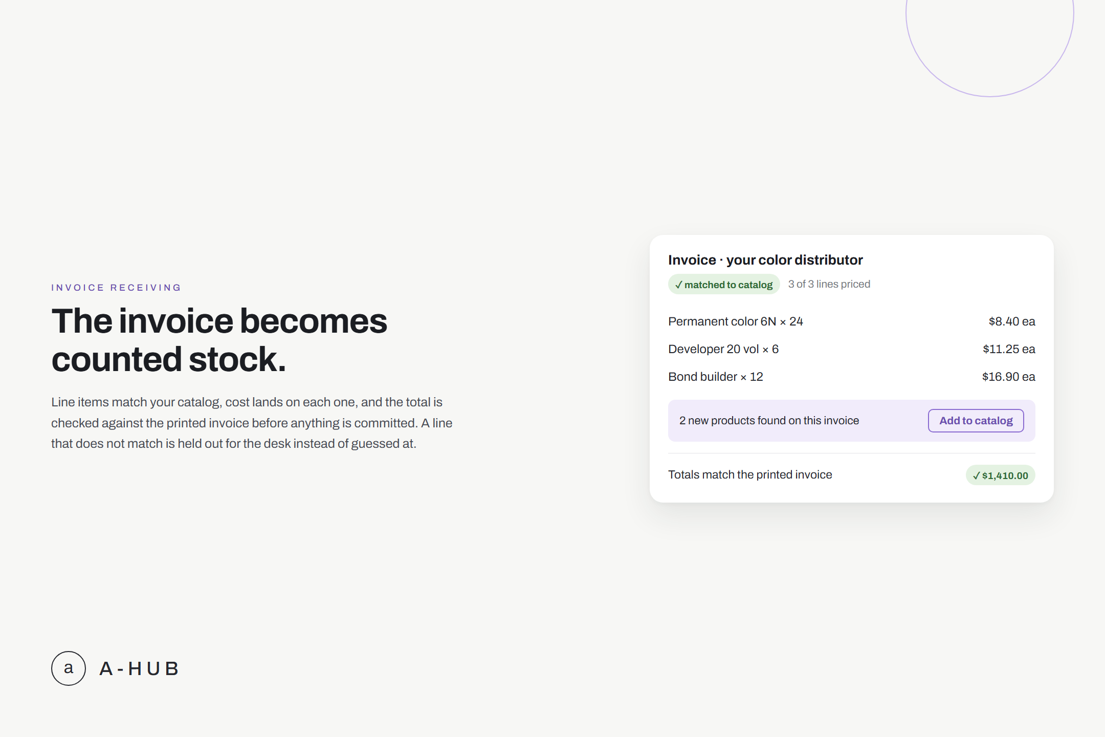 A-Hub invoice screen matching a supplier invoice's line items to the catalog and flagging an unrecognized product to add