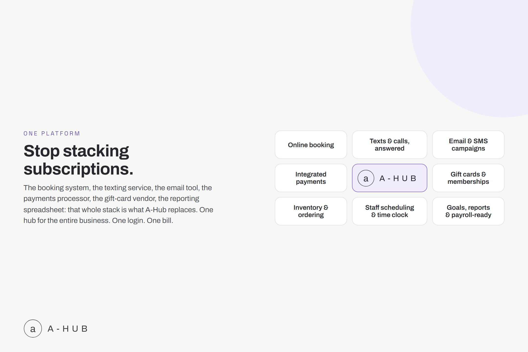 A-Hub's connected modules for booking, checkout, payroll, and scheduling shown as one system instead of separate apps