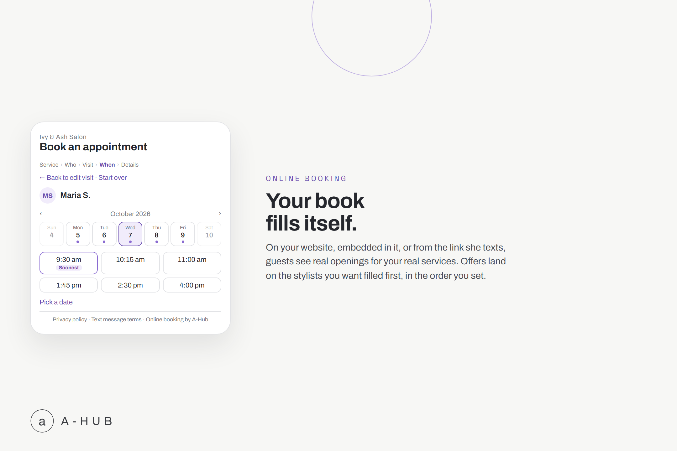 A-Hub's online booking screen showing real appointment openings that protect long color blocks and short cut gaps from being stranded